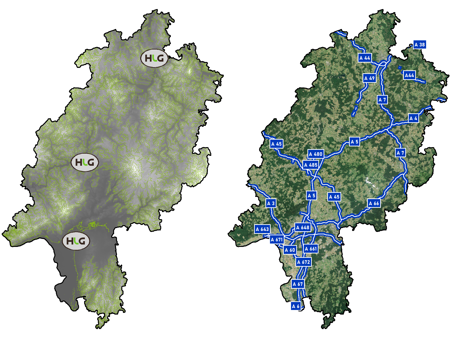 Hessenkarten  (Höhenkarte mit HLG Standorten & Satellitenbilder mit Autobahnen)²